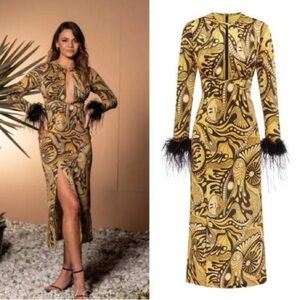ALICE MCCALL  Gold Dust  Feather Cuff Midi Dress in Gold Multi size 10